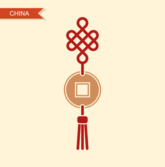Chinese red knot vector illustration. Chinese traditional symbol. Flat retro style icon
