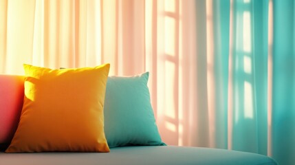 A stylish sofa decorated with plush, colorful pillows, bathed in soft light, creating an inviting space that embodies modern design, comfort, and artistic flair at home.