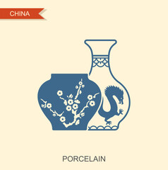White and blue Chinese vases. Antique Chinese porcelain. Vector flat icon
