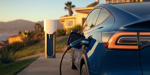 A blue EV charging at a sleek outdoor station with mountains in the background, showcasing sustainable travel in scenic locations.