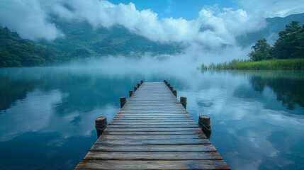 Naklejka premium A wooden dock in the middle of a lake surrounded by mountains