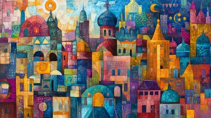 Obraz premium Colorful abstract cityscape with towers and domes in a painterly