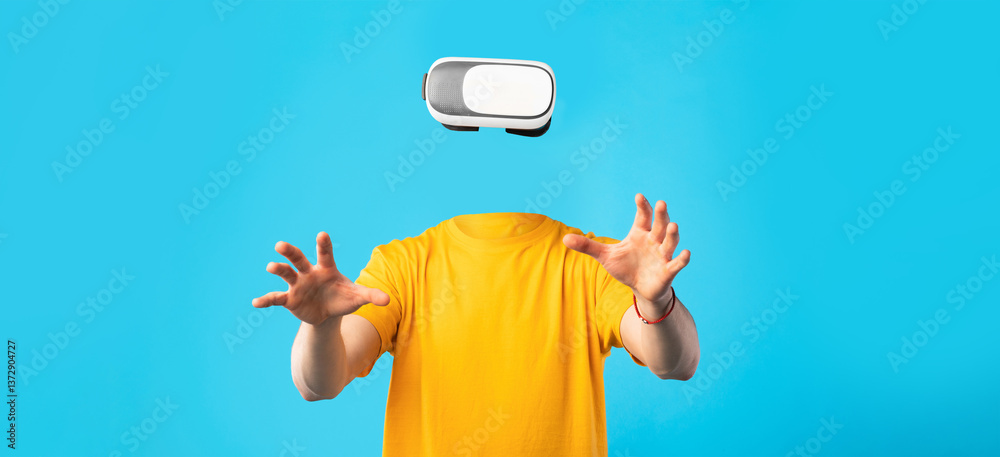 Poster a user enjoys virtual reality using a headset, with no visible head or face. the individual hands re