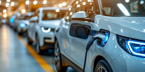 Multiple electric cars charging at a busy public station, highlighting the growing accessibility of green energy infrastructure.