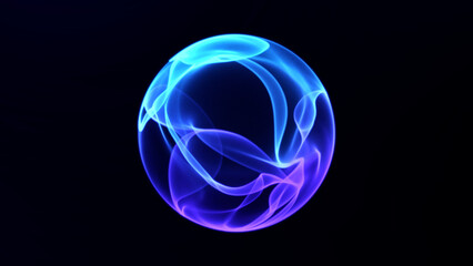 Glowing spinning energetic abstract sphere with waves and particles inside.Modern, technological, 3d, colors background. Animated glowing blue ball.Virtual assistant