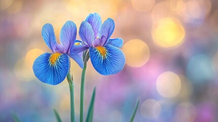 A close up of two blue flowers in a vase on a table
