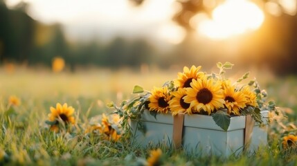A delightful arrangement of cheerful sunflowers in a lovely gift box, set on a grassy field, with warm sunlight creating an inviting atmosphere perfect for gifting.