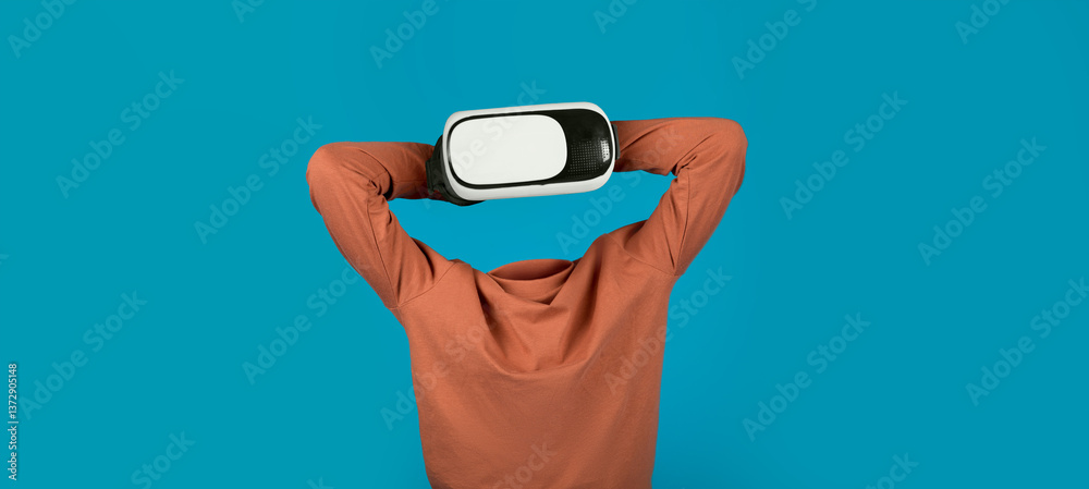 Poster This modern user interacts with advanced virtual reality technology, focusing on immersive experiences. The vibrant background emphasizes the gadget's sleek design and its transformative potential.