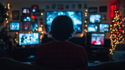 Naklejka premium A person sitting on a couch watching television in front of a Christmas tree