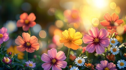 Fototapeta premium A field of colorful flowers with the sun shining through them