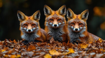 Fototapeta premium Three foxes are sitting in a pile of leaves