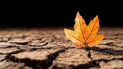 Two textured autumn leaves illuminate the dry ground, bringing forth a striking contrast as they symbolize change, beauty, and the transient nature of life.