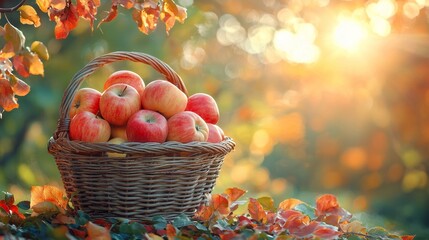 A basket full of apples sitting on top of a pile of leaves