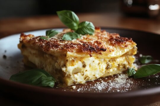 Beautifully Presented Lasagne al Pesto on a Rustic Ceramic Plate Showcasing Creamy Herbaceous Layers