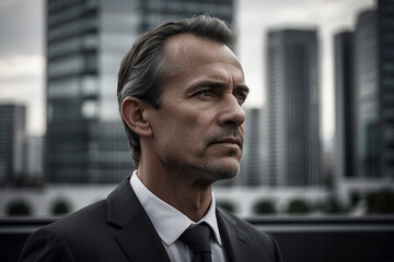 Fototapeta premium A middle-aged businessman with a sharp jawline and slight stubble, wearing a crisp white shirt and dark gray suit