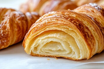 Close Up Zoom View of Sliced Croissant Displayed on a Clean Minimal Background for Stock Photography