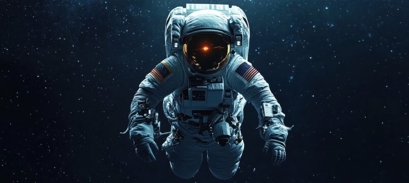Astronaut in white spacesuit floating in the dark void of space