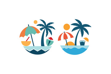 Obraz premium Summer holiday beach scene with tropical icons and ocean view