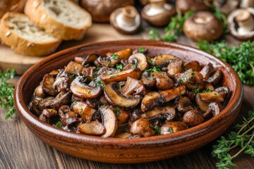 Obraz premium Cozy rustic still life showcasing velvety mushroom velouté in a handcrafted ceramic bowl