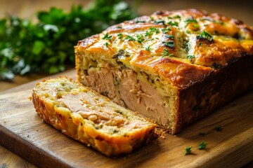 Delicious golden tuna loaf cake with crispy crust and fluffy interior adorned with fresh herbs