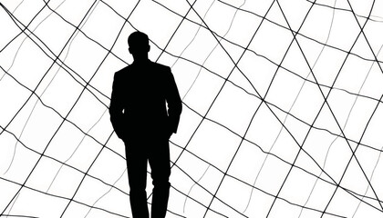 Individual standing against a geometric grid with a striking silhouette at daytime