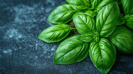 Fototapeta premium A bunch of fresh green basil leaves on a dark surface
