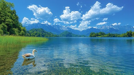 Fototapeta premium A swan floating on top of a lake surrounded by mountains