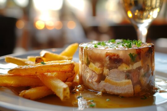 Detailed image of a traditional French terrine featuring three meats in glistening jelly