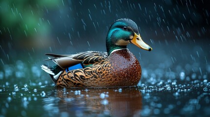 A duck swimming in the water in the rain