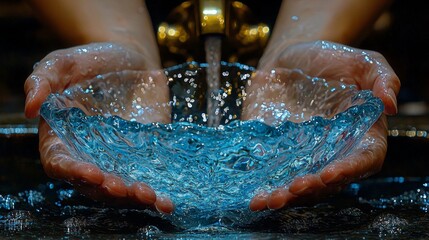 Fototapeta premium A person holding a bowl of water under a faucet