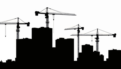 Construction cranes operate against a skyline at dusk as buildings take shape in the urban landscape