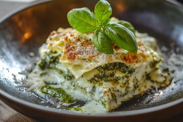 Elegant Italian lasagne al pesto served on a rustic ceramic plate with layered herbaceous cream sauce
