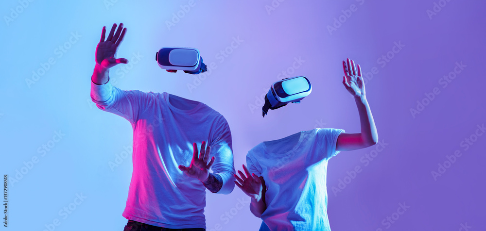 Aufkleber two users engage with virtual reality gadgets, wearing headsets and using their hands to interact wi