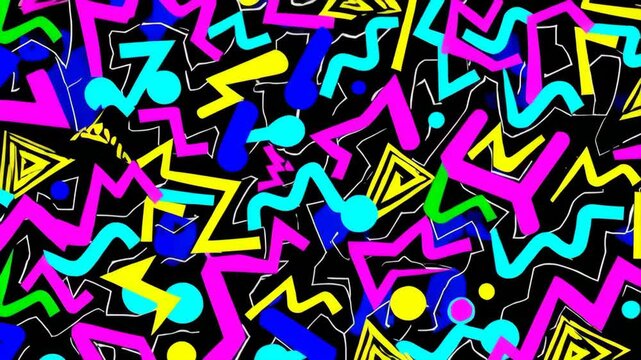 Vibrant seamless loop animation of colorful abstract geometric shapes on black background
