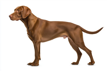 standing Vizsla dog with sleek brown coat, showcasing its elegant posture and alert expression. This breed is known for its friendly nature and athletic build