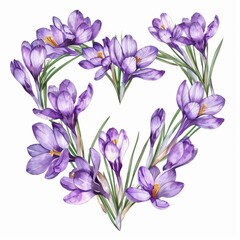 Watercolor Purple Flowers in Shape of Heart Isolated on White Background