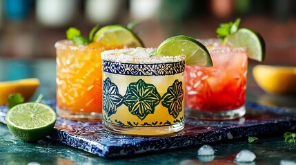 Cinco de Mayo, Three Refreshing Summer Cocktails with Lime and Salt Rims Served in Ornate Glasses on a Decorative Tray Perfect for a Party or Celebration