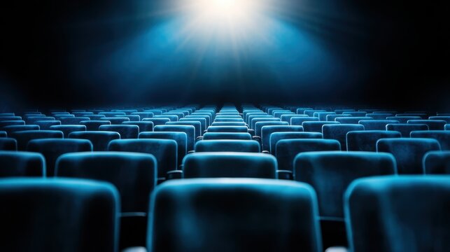 This image features an expansive view of empty blue theater seats illuminated by a bright light from above, creating a sense of anticipation and stillness in a performance space.