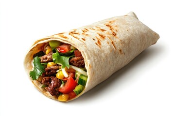 burrito with realistic texture and shadows, isolated on a white background