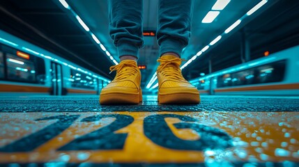 A person standing on a subway platform with their feet in yellow sneakers
