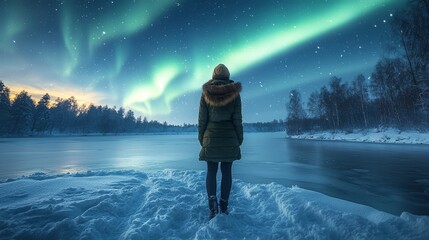 A person standing in the snow looking at the aurora borealis
