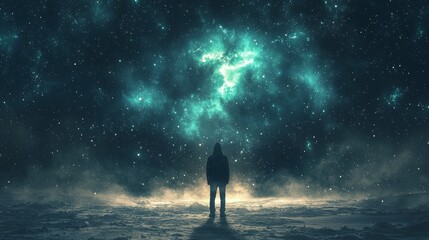 A person standing in the middle of a desert looking at the stars