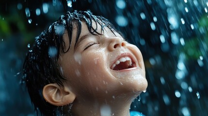 A boy with wet hair laughing joyfully in the rain, embodying the spirit of childhood innocence and the cheerful spontaneity of outdoor adventures under nature's shower.