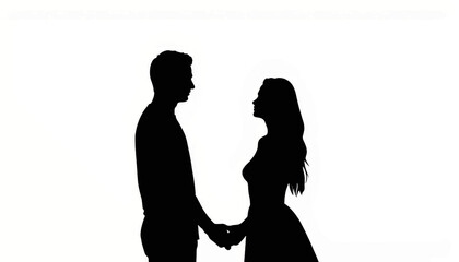 Couple holding hands in silhouette against a white background during a romantic moment