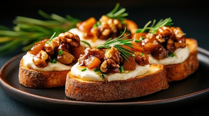 Savory and visually appealing toasts topped with creamy cheese, rich walnuts, and rosemary, creating a delicious combination that tantalizes the senses at any gathering.