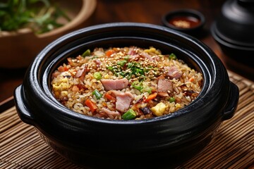 Traditional Cantonese Fried Rice Served In A Black Ceramic Bowl With Vibrant Vegetables And Tender Ham Slices