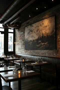 Cozy Restaurant Interior Featuring Brick Wall with Cityscape Art and Ambient Candle Lighting with Dark Wood Tables in a Modern Design