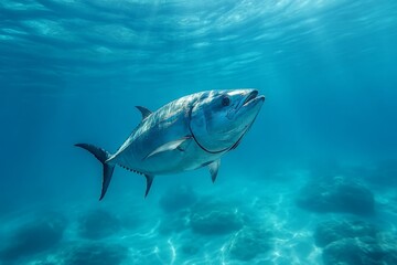 Obraz premium Big tuna fish swimming underwater in the sunlit ocean