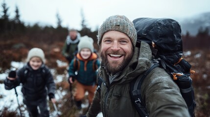 Fototapeta premium This cheerful family captures a moment of joy as they hike through a snowy landscape, showcasing their adventurous spirit and love for the outdoors in a cold, serene environment.