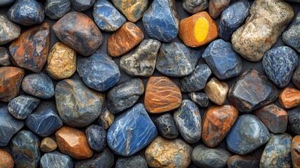 A pile of blue and orange rocks with a yellow dot in the middle